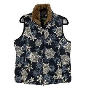 Eddie Bauer Goose Down Quilted Navy Snowflake Vest Faux Fur Collar Size S